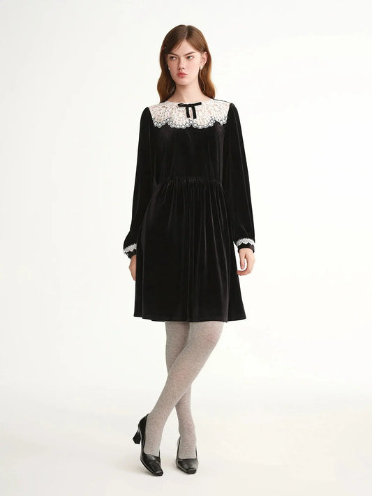 Velvet Evening Gown with Scalloped Lace Trim LORAN STORE