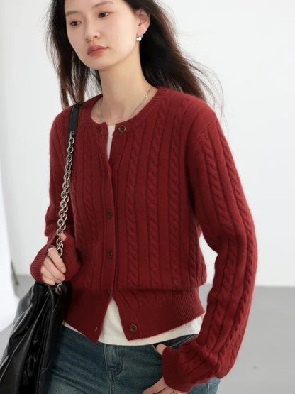Red Round Neck Cardigan Twisted Raccoon Hair Knit Loran