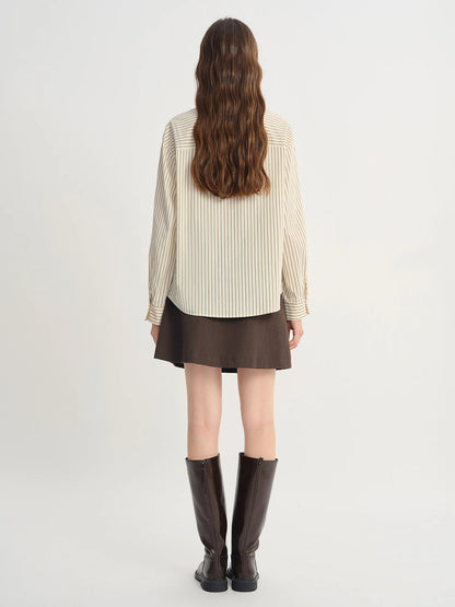 Plus Size Striped Ribbon Shirt Chic Lace Patch Autumn Loran