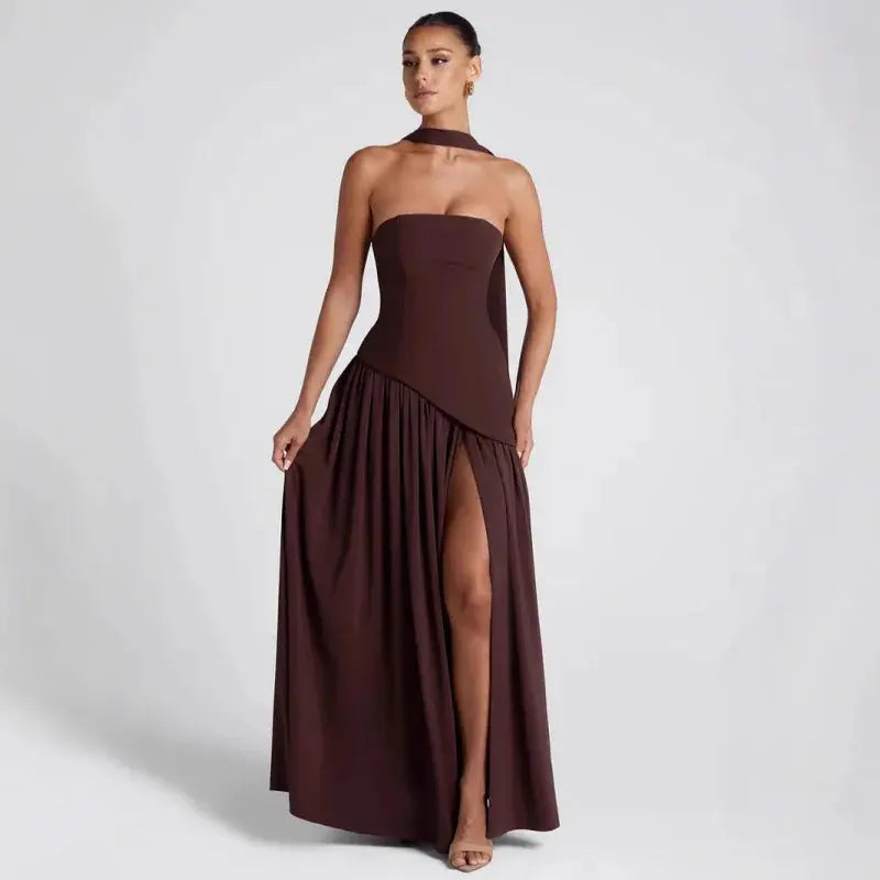 Sleek Solid Tube Top Maxi Dress with High Slit - Loran