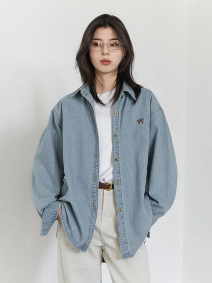 Bow Embroidered Denim Shirt Loose Blue Blouse Loran