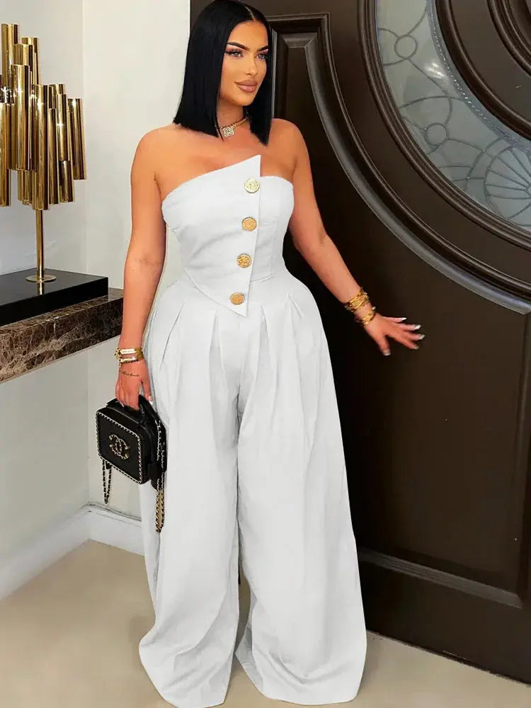 Button Detail Wide Leg Jumpsuit - Loran