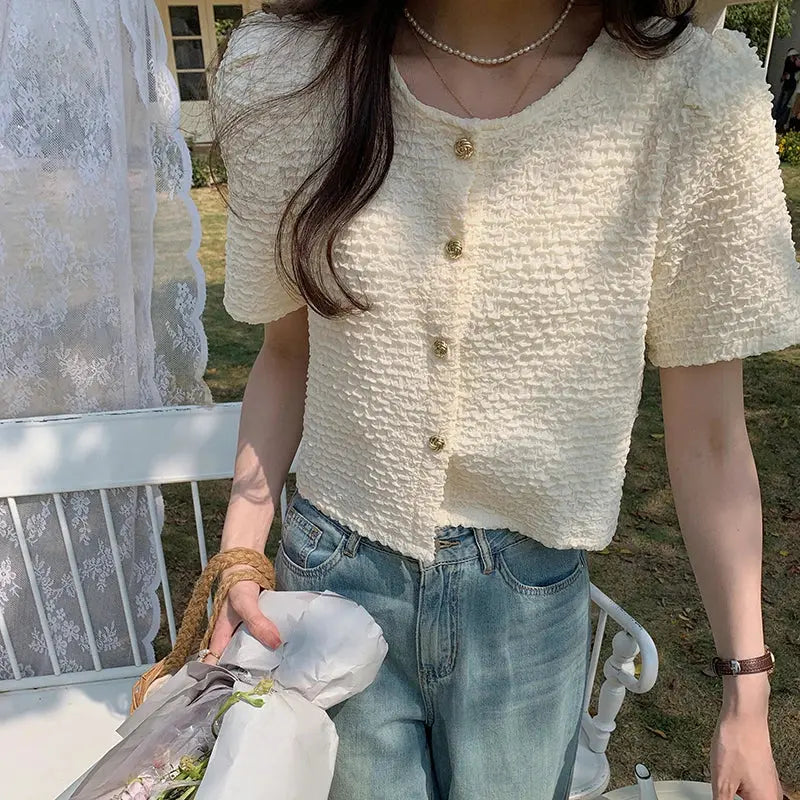 Chic White Summer Blouse - Sweet O-Neck Style - Loran