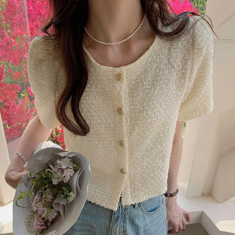 Chic White Summer Blouse - Sweet O-Neck Style