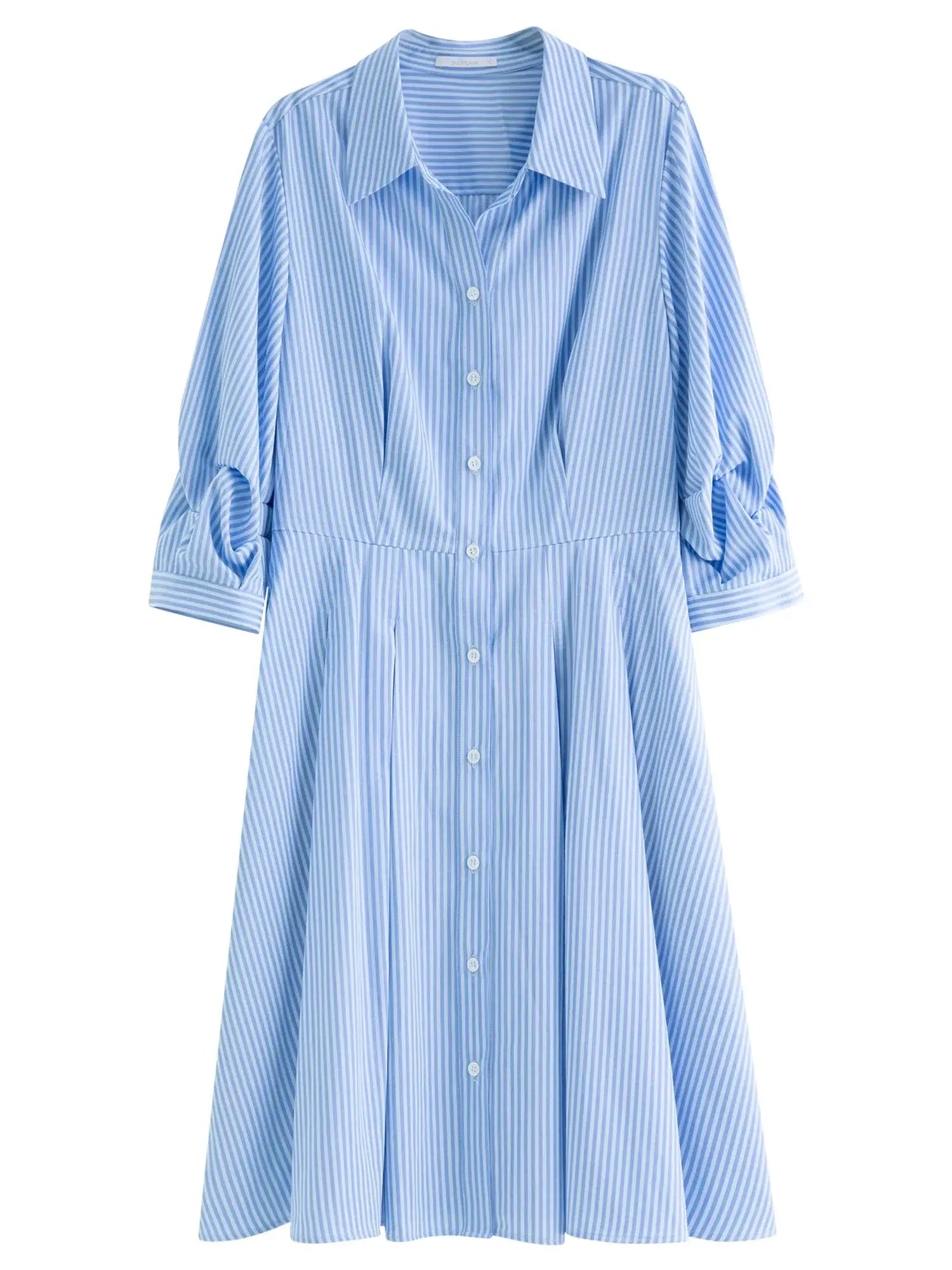 Waist-Defined Pleated Shirt Dress in Blue and White Stripe - Loran