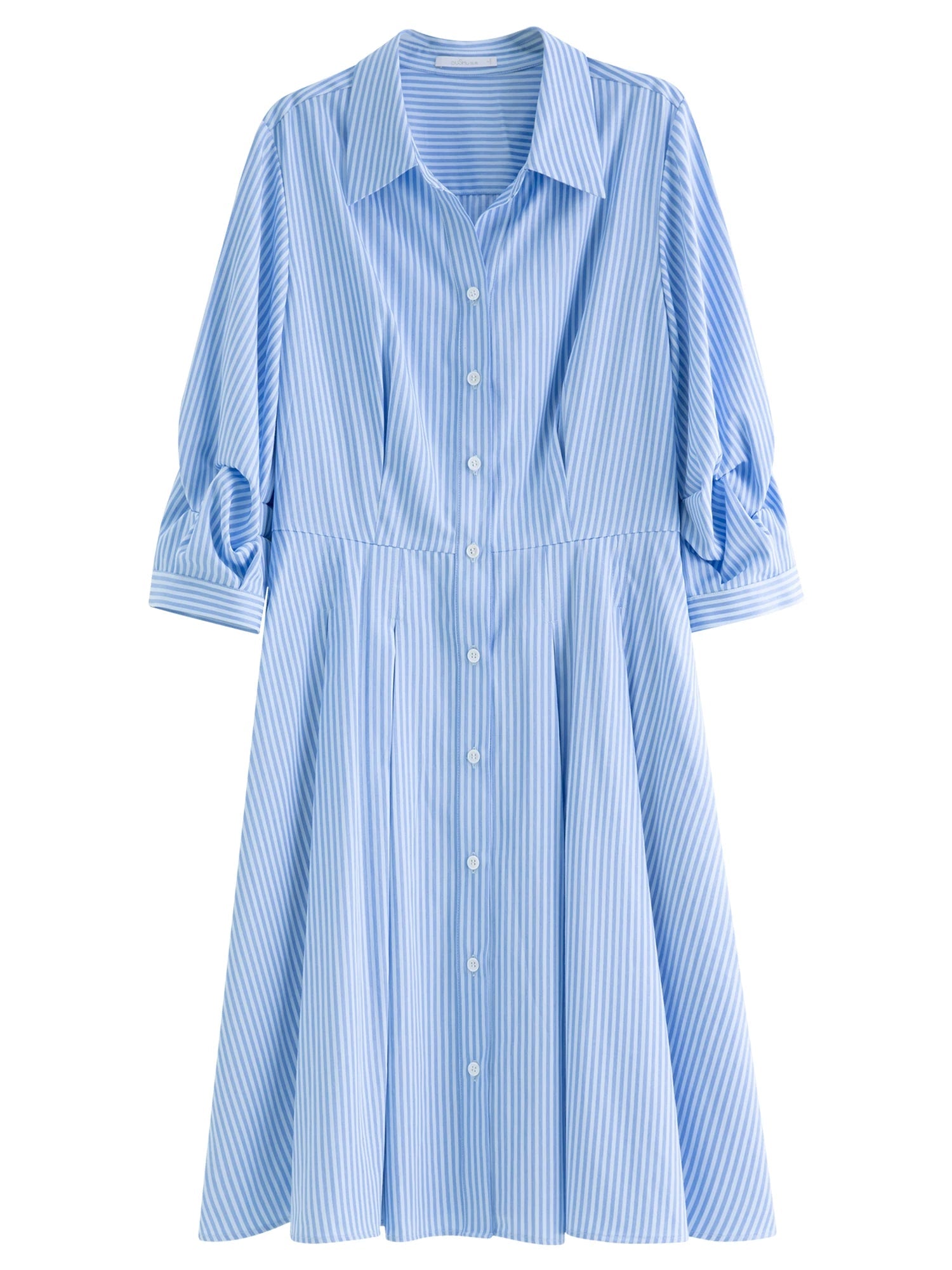 Blue & White Striped Pleated Shirt Dress