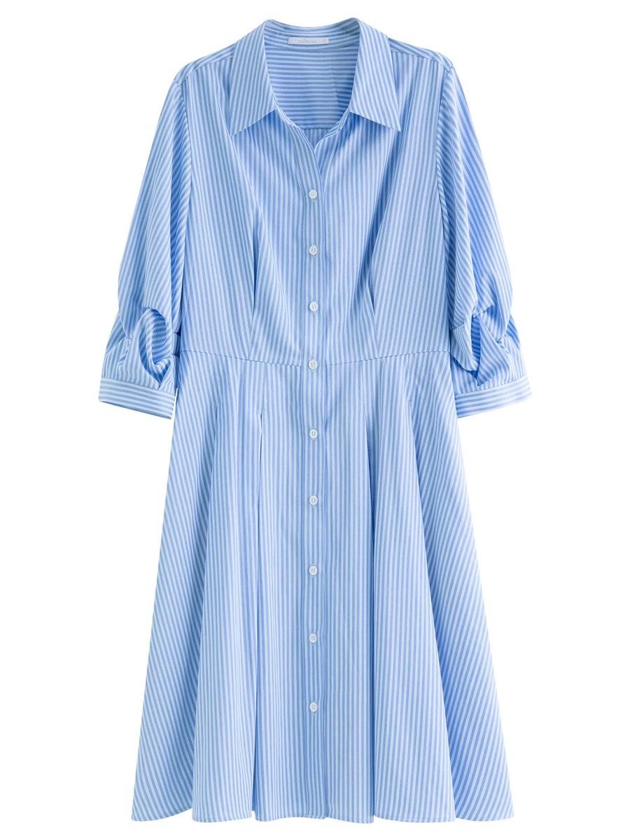Waist-Defined Pleated Shirt Dress in Blue and White Stripe
