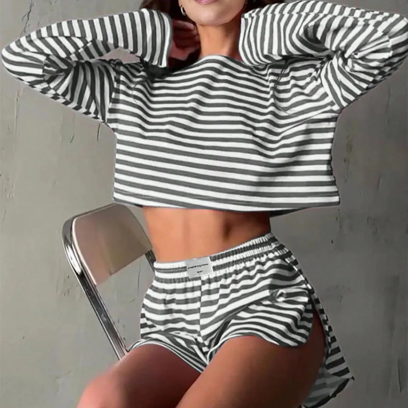 Striped Pajama Set: Long-Sleeve Top & Shorts - Loran