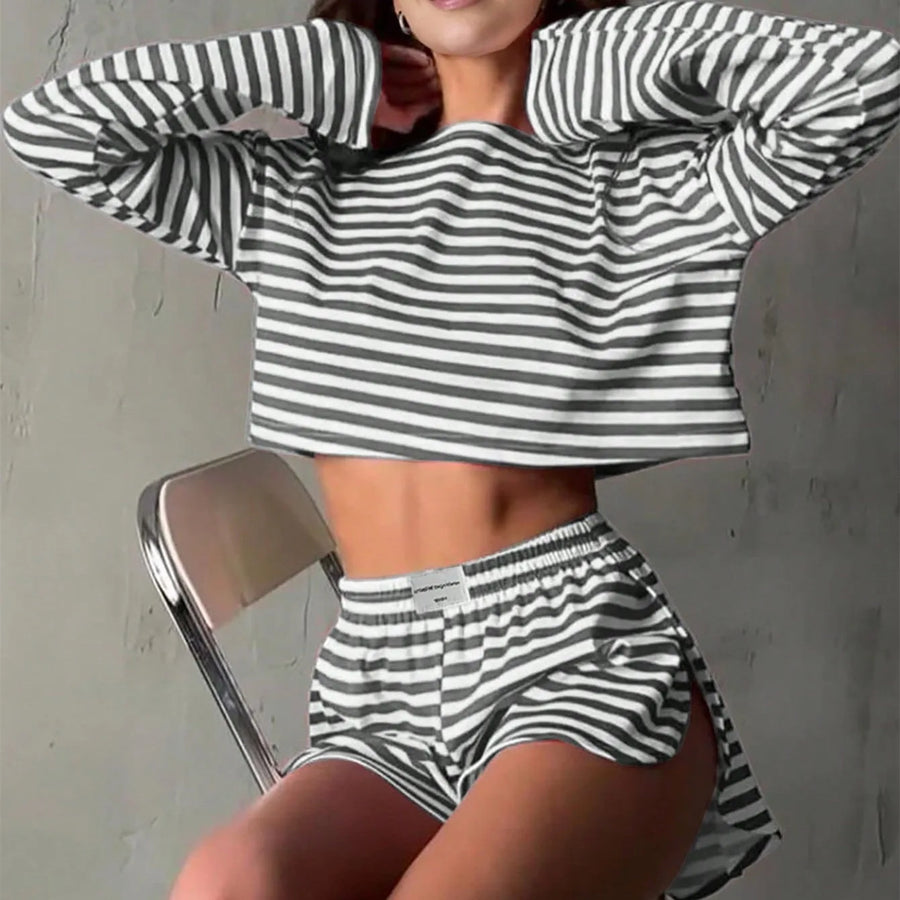 Striped Pajama Set: Long-Sleeve Top & Shorts