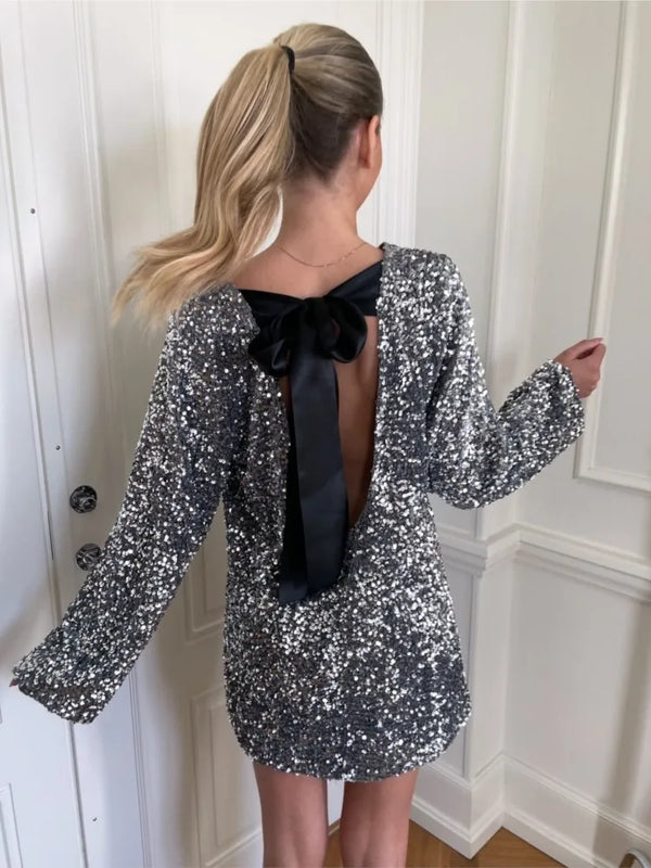 Elegant Back Bowknot Shiny Sequin Mini Dress - 3IN SMART Shop  #