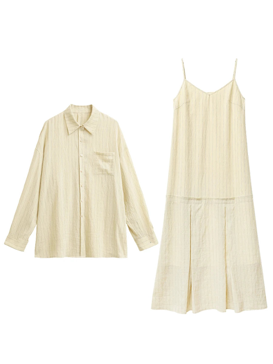 CHIC VEN Women Dress Sets Stripe Shirt Loose Casual Long Sleeve Sunscreen Blouses Camisole V-neck Dresses Spring Autumn 2025 Loran