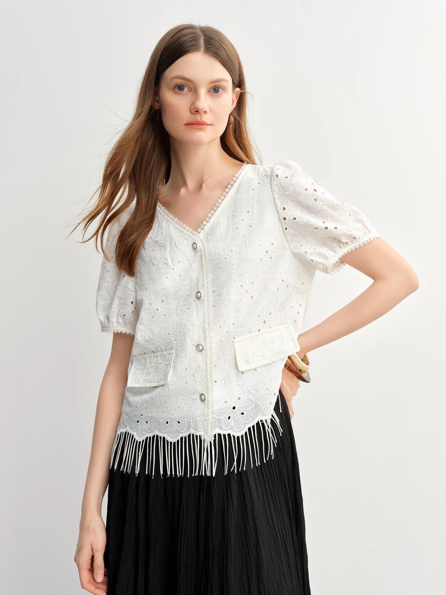White Lace Embroidery Chic Summer Shirt Tassel Detail Loran