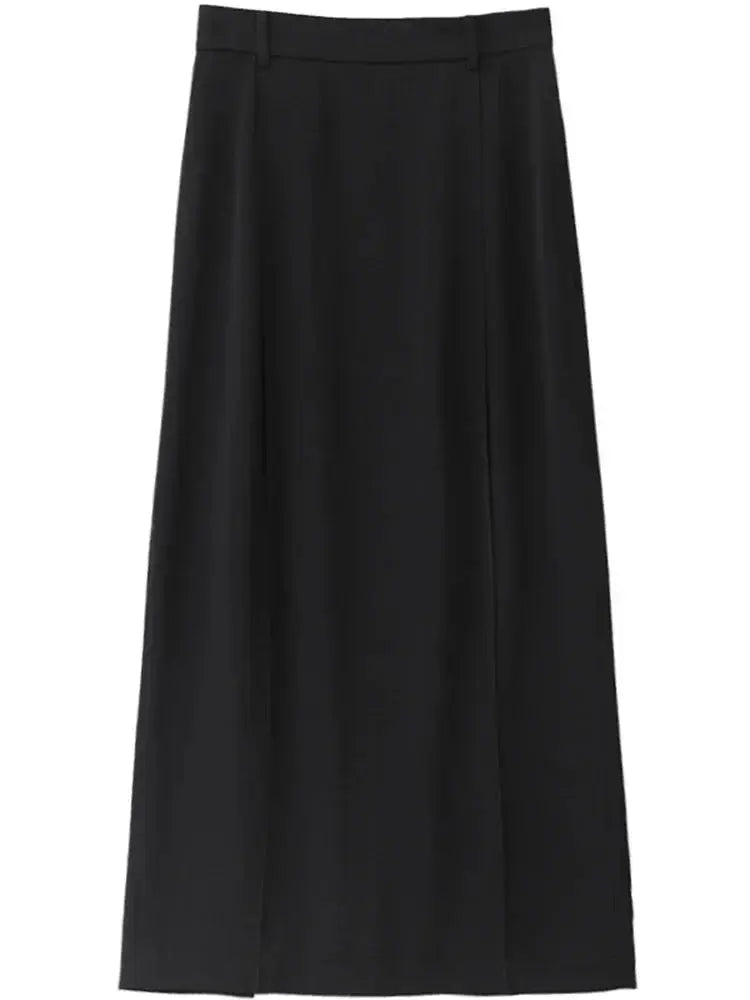 Black High-Waist Pleated Midi Skirt with Slit - Loran