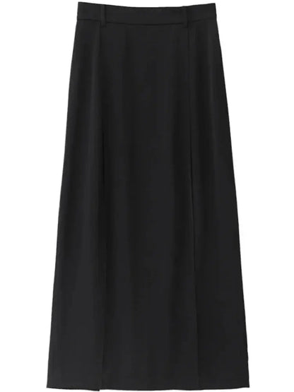 Black High-Waist Pleated Midi Skirt with Slit - Loran