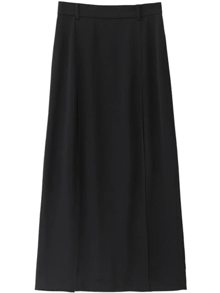 Black High-Waist Pleated Midi Skirt with Slit