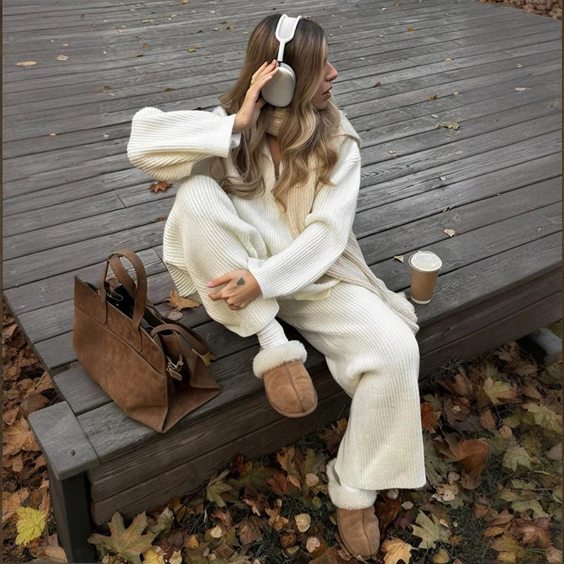 Chic Knitted Sweater and Wide-Leg Trousers Set