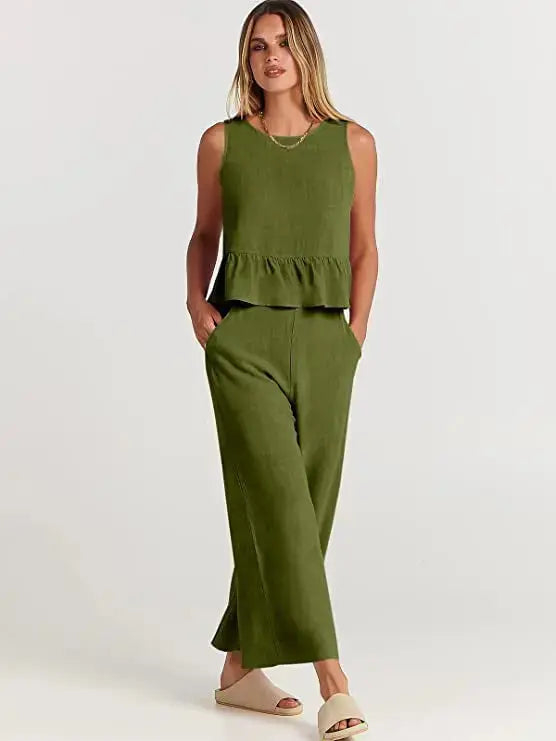 Summer Pleated Wide-Leg Pant Set - Loran