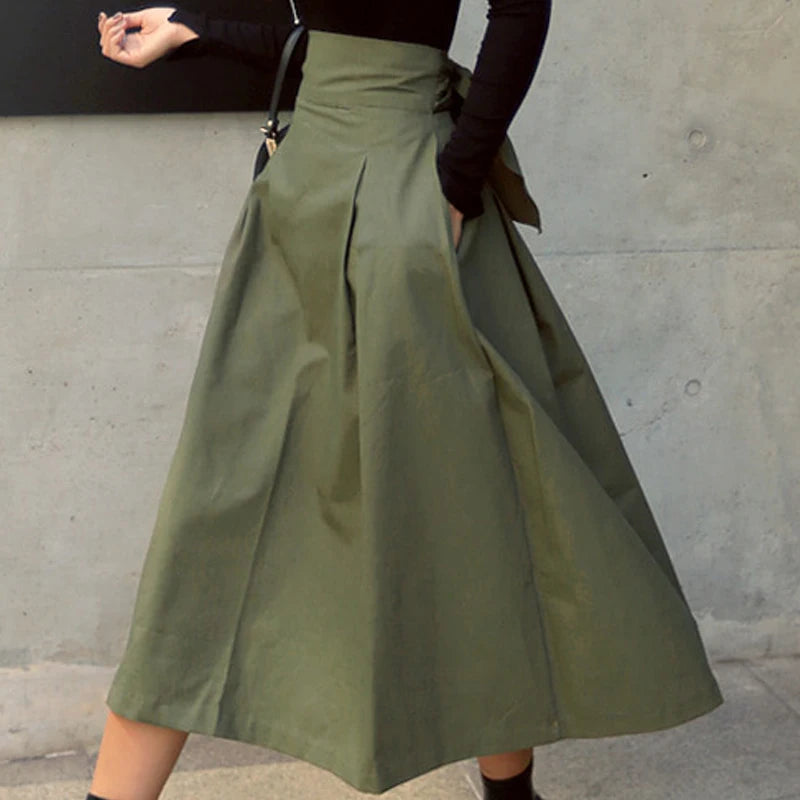 Solid Color Elegance: Slimming High-Waist Skirt with Bow Detail