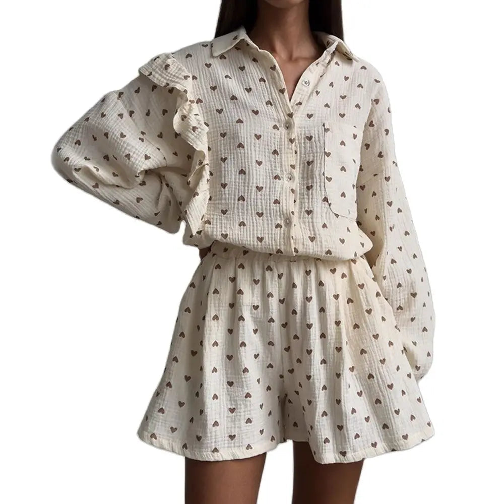 Women’s Love Print Cotton Linen Pajama Set with Shorts Loran