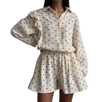 Women’s Love Print Cotton Linen Pajama Set with Shorts Loran