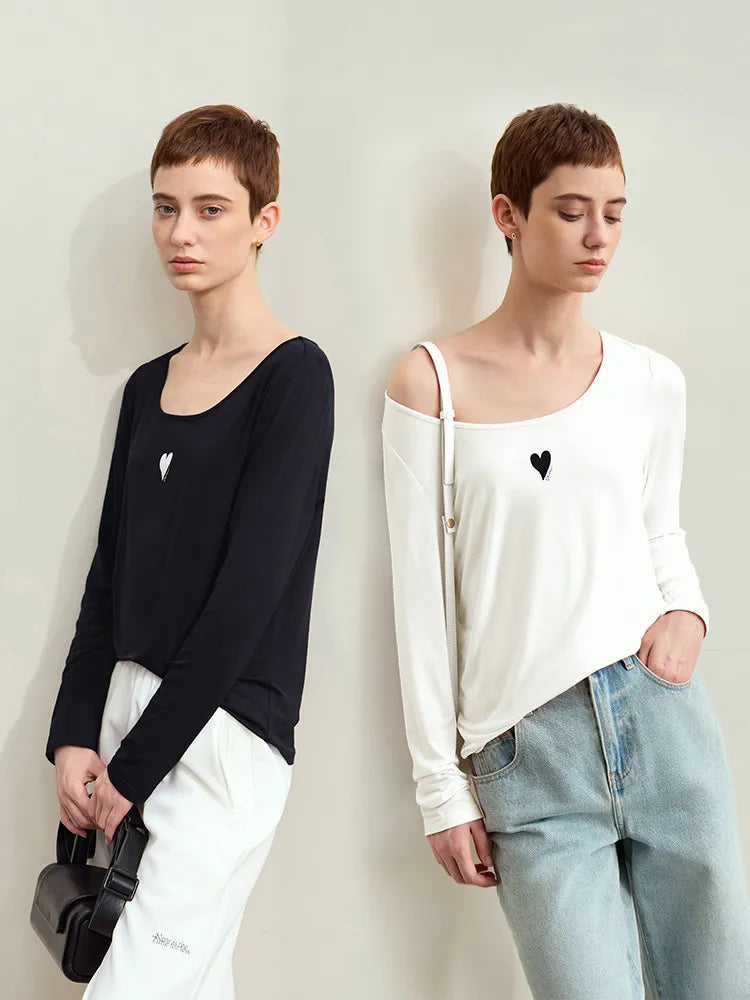 U-Neck Contrast Print Tee Long Sleeve Cotton Basic Loran