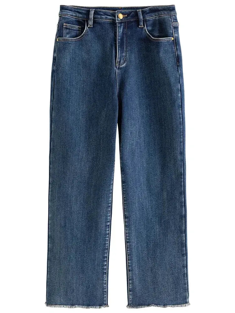 Warm Winter Fleece High-Waist Black Straight Jeans - Loran