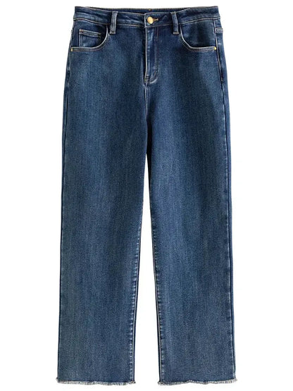 Warm Winter Fleece High-Waist Black Straight Jeans - Loran