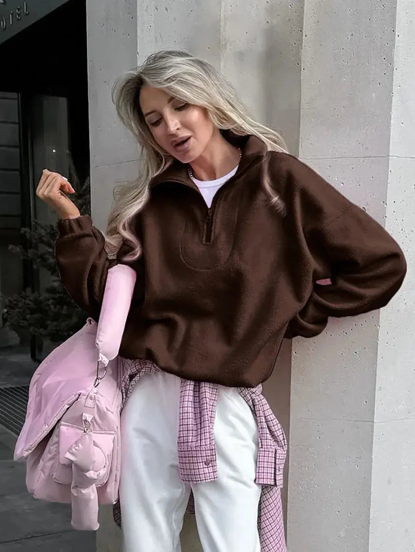 Solid Color Zip-Up Sweatshirt - Loran