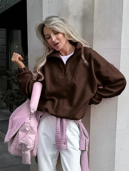 Solid Color Zip-Up Sweatshirt - Loran