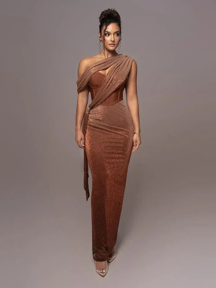 Sparkling One-Shoulder Draped Corset Maxi Dress