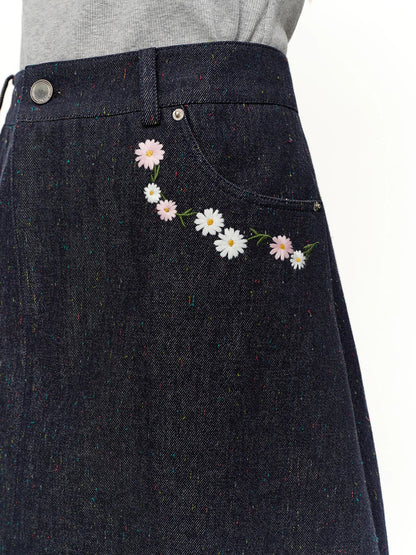 DUSHU Women Floral Embroidered Colorful Dot Denim Skirt Spring 2026 New Arrival Slimming High-Waisted A-Line Thigh Length Skirt Loran