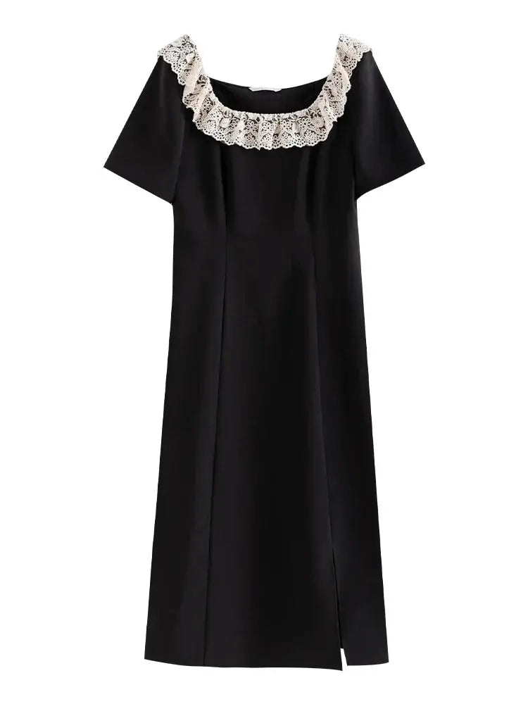 Elegant Black Lace Short Sleeve Long Dress - Loran