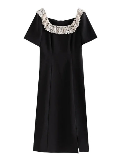 Elegant Black Lace Short Sleeve Long Dress - Loran
