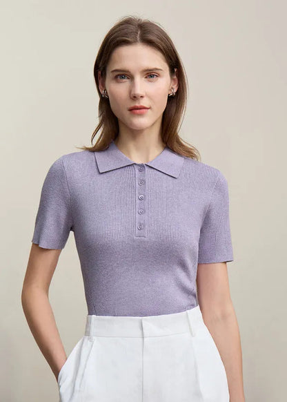 Amii Women's Sweater 2026 Spring New POLO Collar Half‑Placket Knitted Sweater Women's Short Sleeve Pullover Knitwear 12651020 Loran