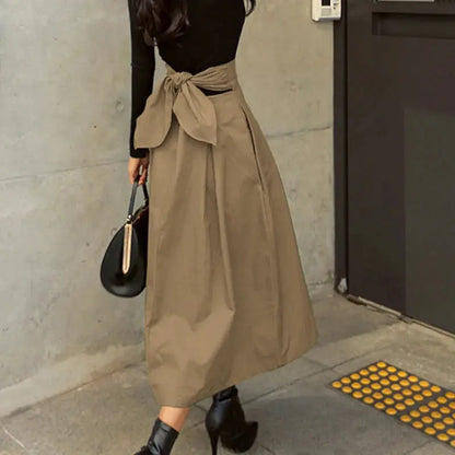 Solid Color Elegance: Slimming High-Waist Skirt with Bow Detail - Loran