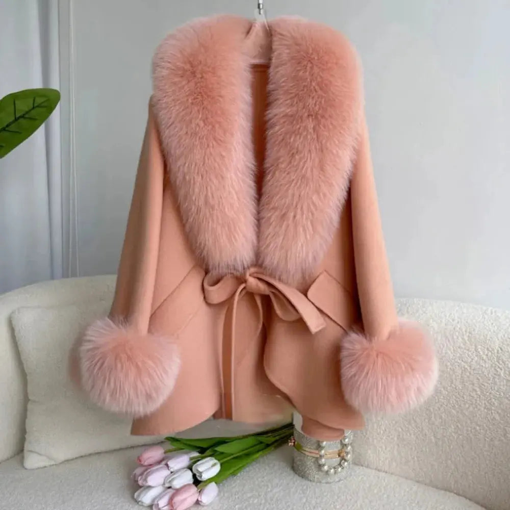 Luxury Wool Blend Cape with Detachable Fur Collar - Loran