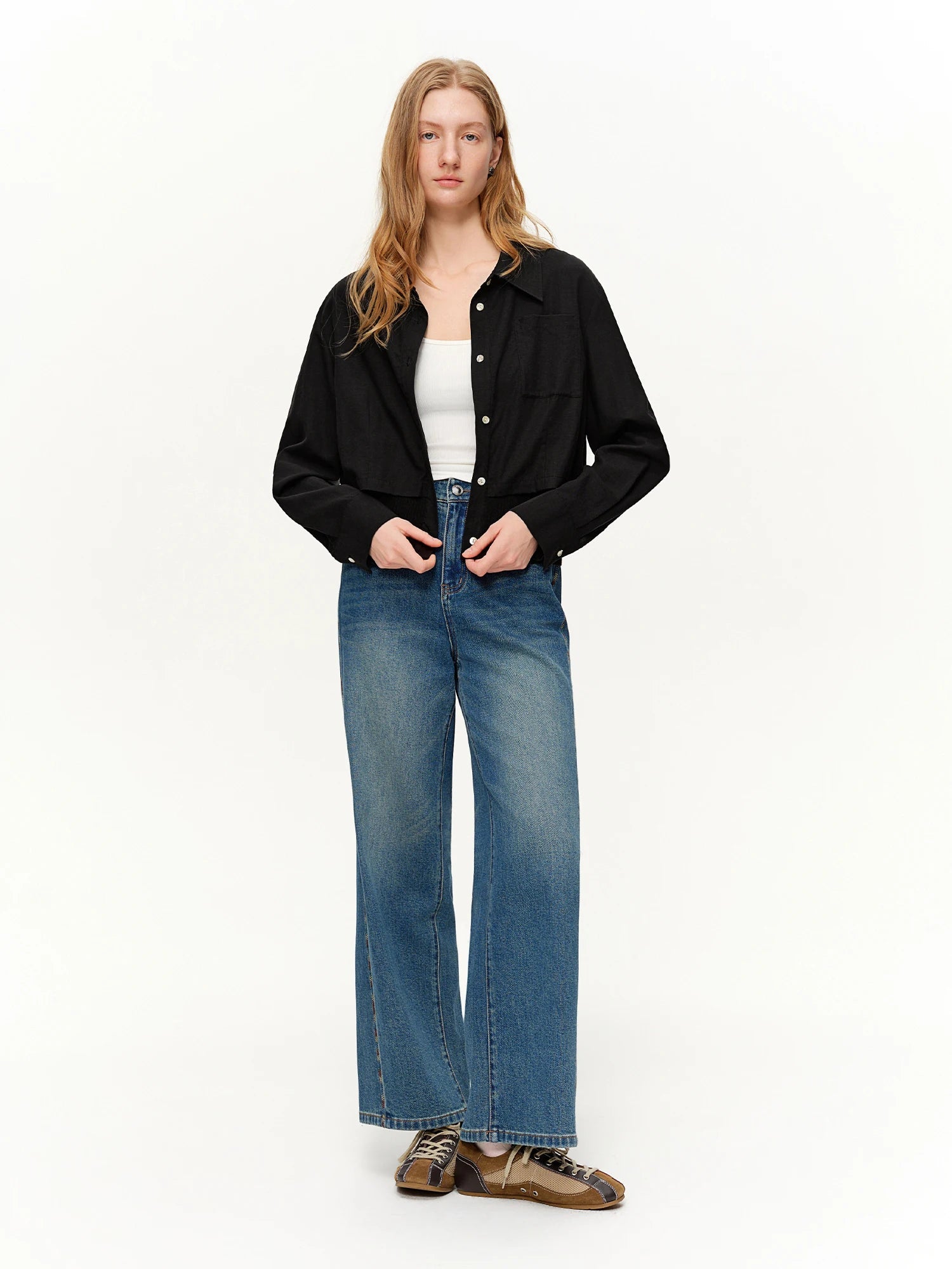 DUSHU 2026 Spring Women's Color Block Embroidered Straight Leg Jeans with Two Length Feature, Mix Match Patchwork Denim Pants Loran