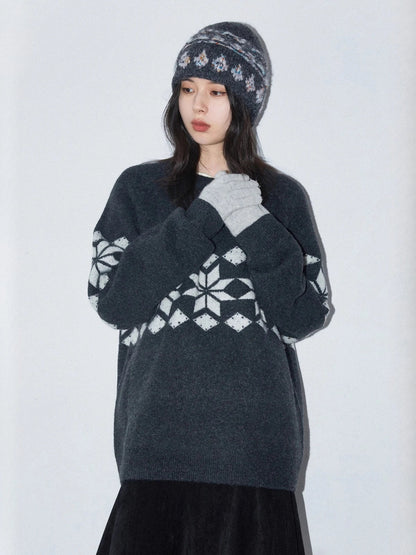 Snowflake Round Neck Knitted Pullover - Winter Jumper Loran