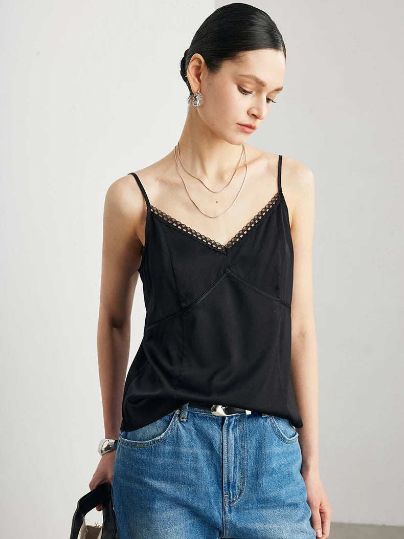 Women’s Real Silk Lace Camisole Chic V-Neck Top Loran