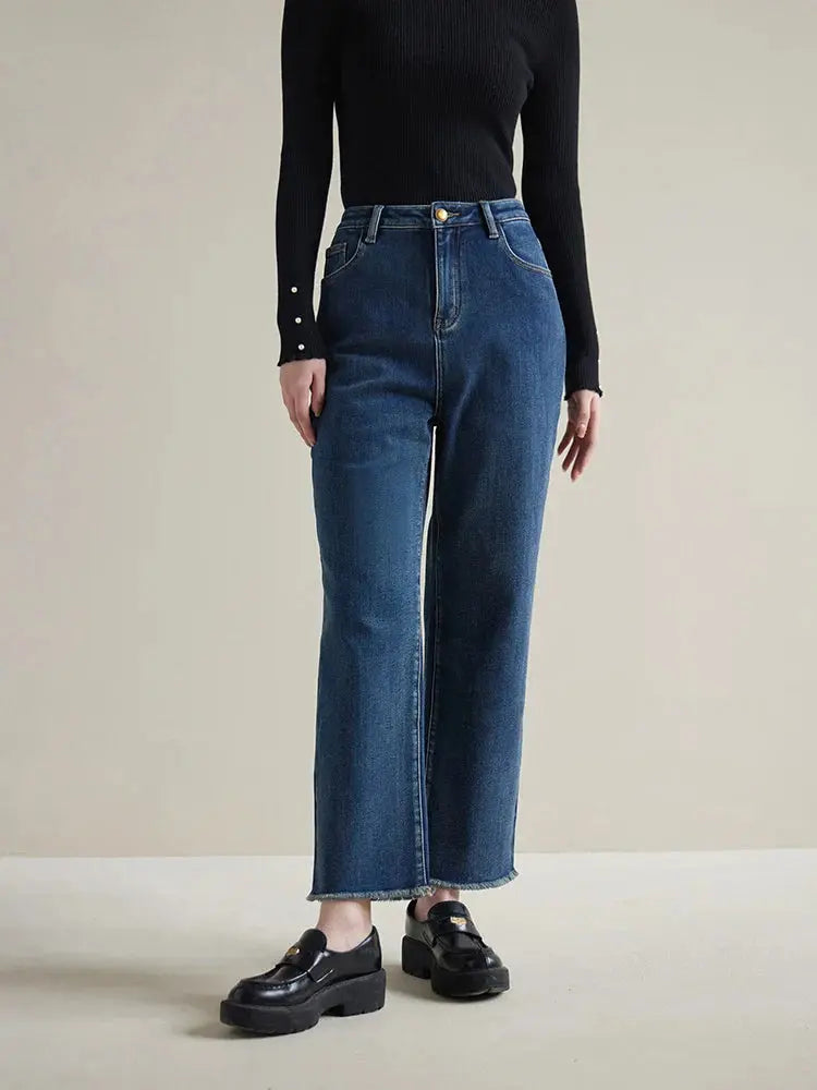 Warm Winter Fleece High-Waist Black Straight Jeans - Loran