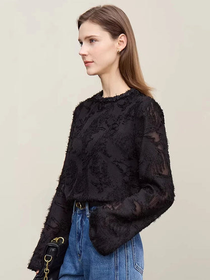 Amii Women's Blouse 2026 Spring New Round Neck Elegant Straight Chiffon Shirt Women's Commuter Long Sleeve Pullover Top 12611033 Loran