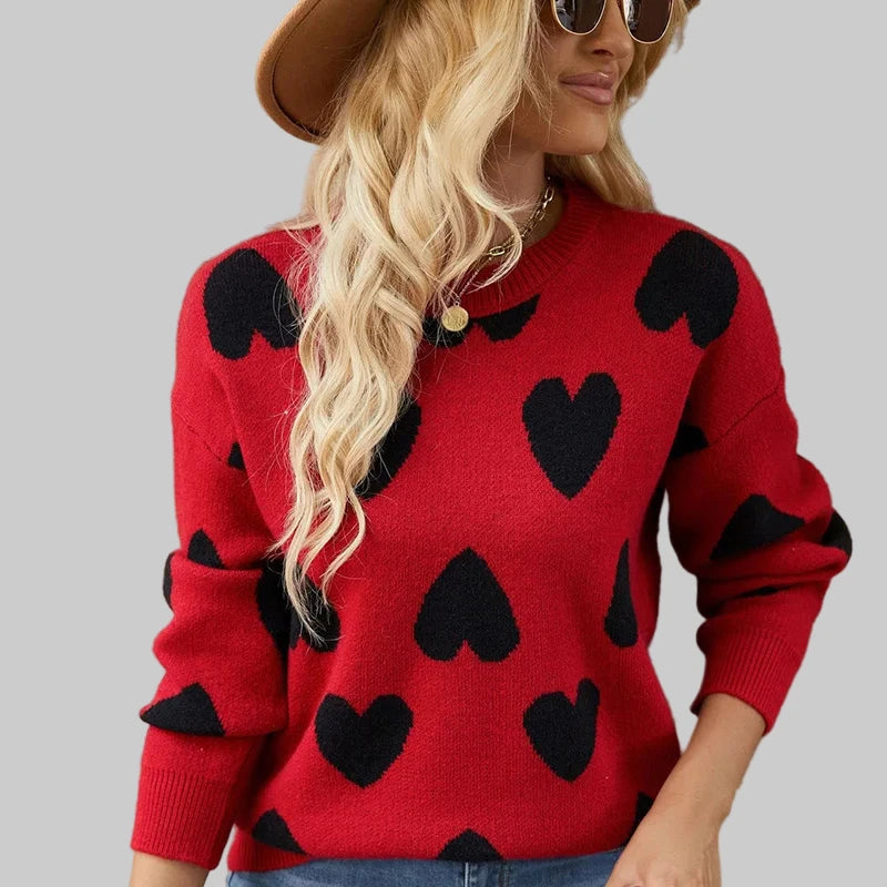 Mix Color Heart Knitted Jumper: Long Sleeve O-Neck Sweater for Women