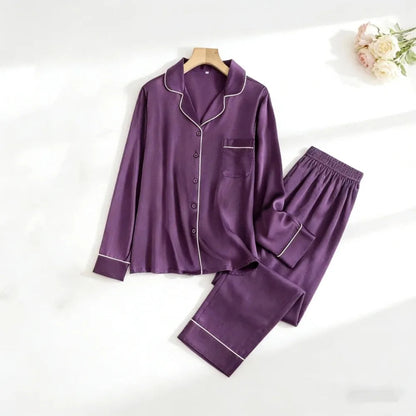 Mulberry Silk Pajama Set Plain Satin Long Pants Loran