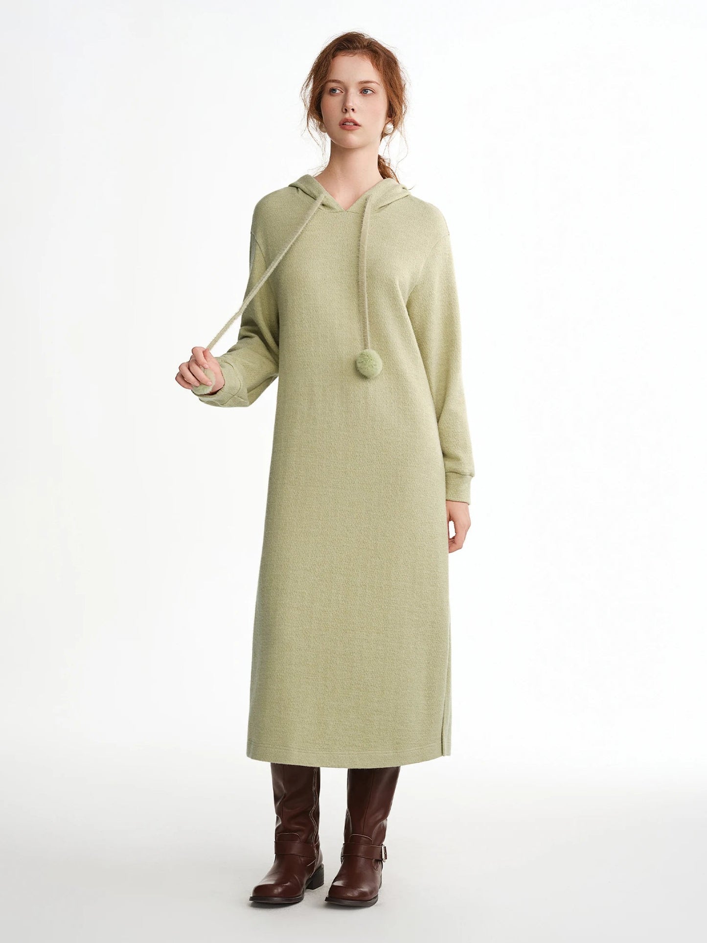 Hooded Knit Dress Drawstring Waist Winter Tunic Loran