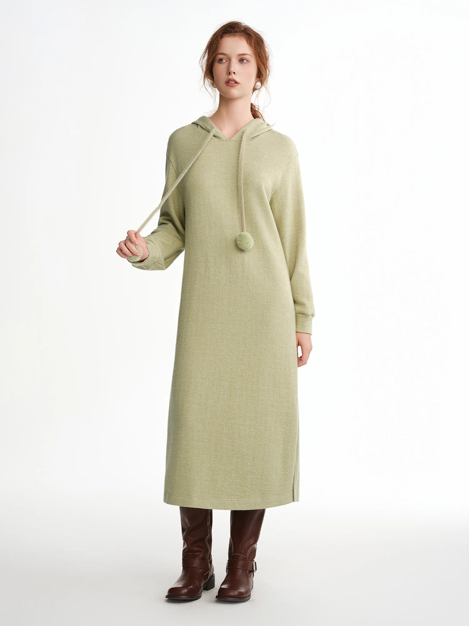 Hooded Knit Dress Drawstring Waist Winter Tunic Loran