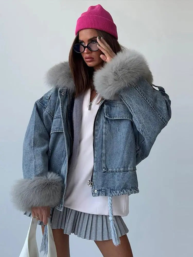 Light Blue Denim & Fur Winter Coat