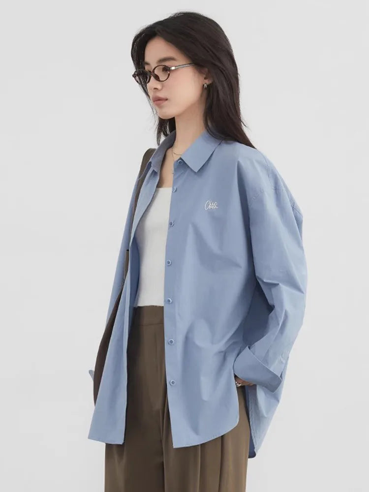 CHIC VEN Korean Women Shirts Loose Casual Long-sleeved Blue Shirt Single Breasted Cotton Female Blouses Spring Summer 2025 Loran