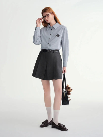 Plus-Size Birds Appliqué Checkered Stripe Shirt - Loran