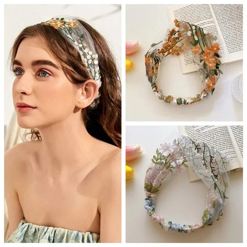 Embroidered Lace Flower Headbands for Women