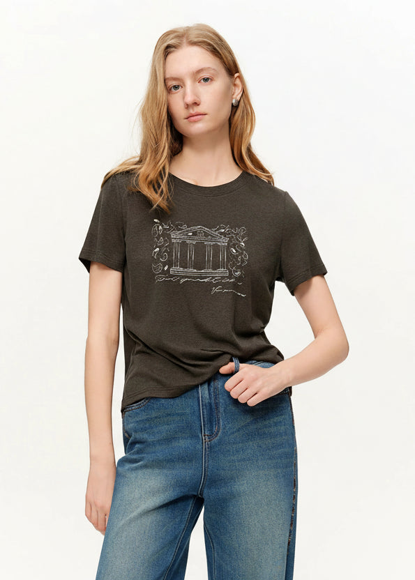 Vintage Beaded T-Shirt Casual Round Neck Top Loran